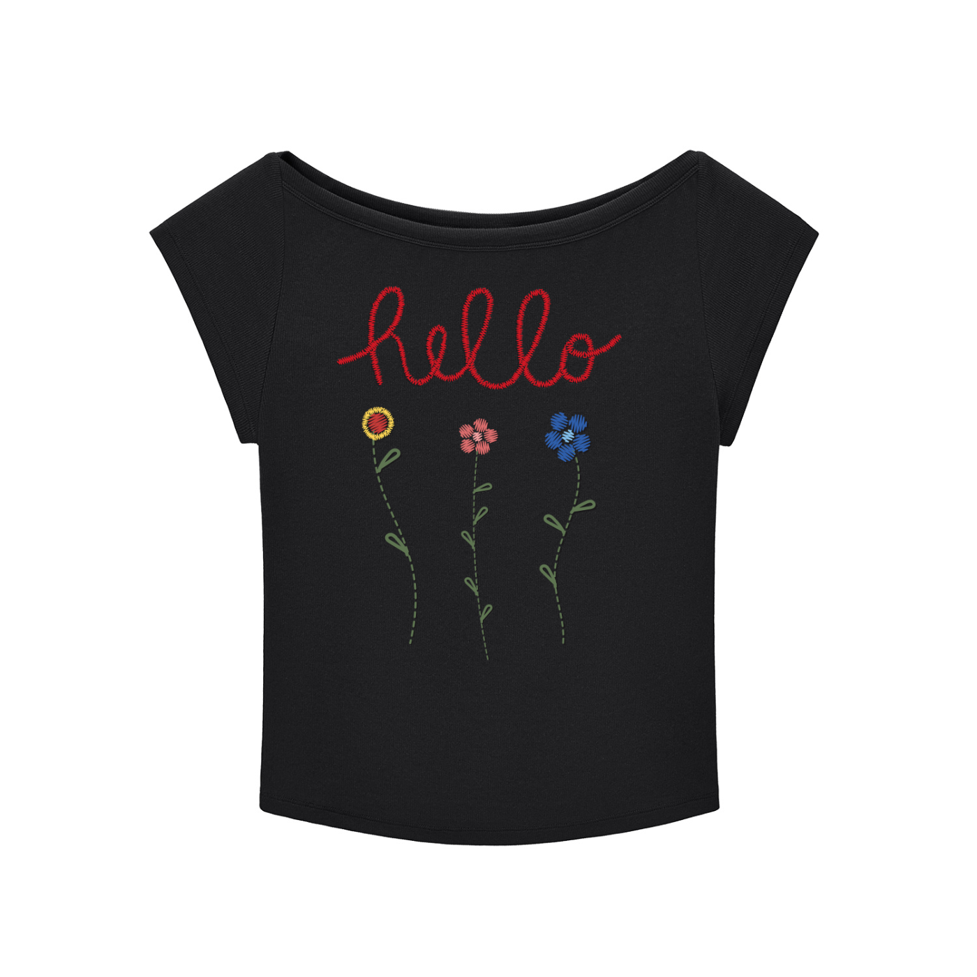 Hello Flowers Wide Scoop Neck Slub T-shirt