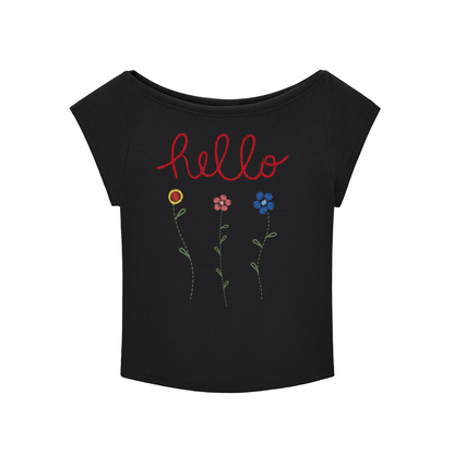 Hello Flowers Wide Scoop Neck Slub T-shirt