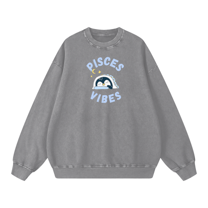 Zodiac Pisces Penguin Unisex Acid Wash Oversize Sweatshirt