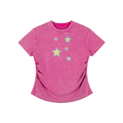 Stars  Faux Embroidered Vintage Washed Femme Fit Cotton T-Shirt