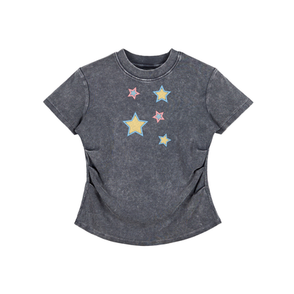 Stars  Faux Embroidered Vintage Washed Femme Fit Cotton T-Shirt