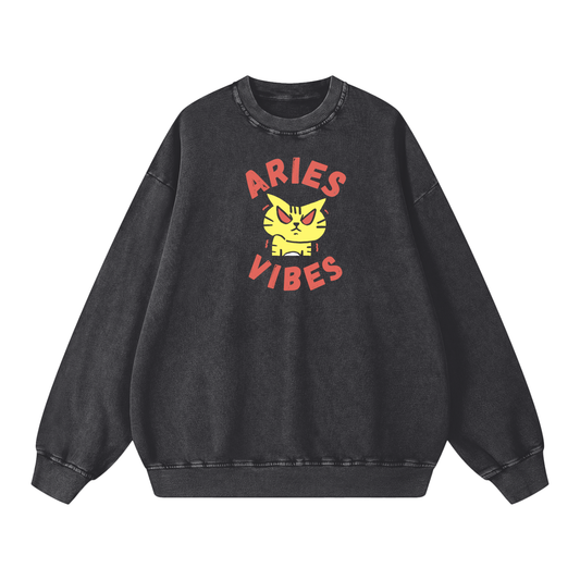 Zodiac Aries Cat Unisex Acid Wash Oversize Sweatshirt