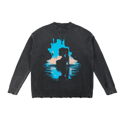 Pool Oasis Vintage Washed Hand-Frayed Sweater