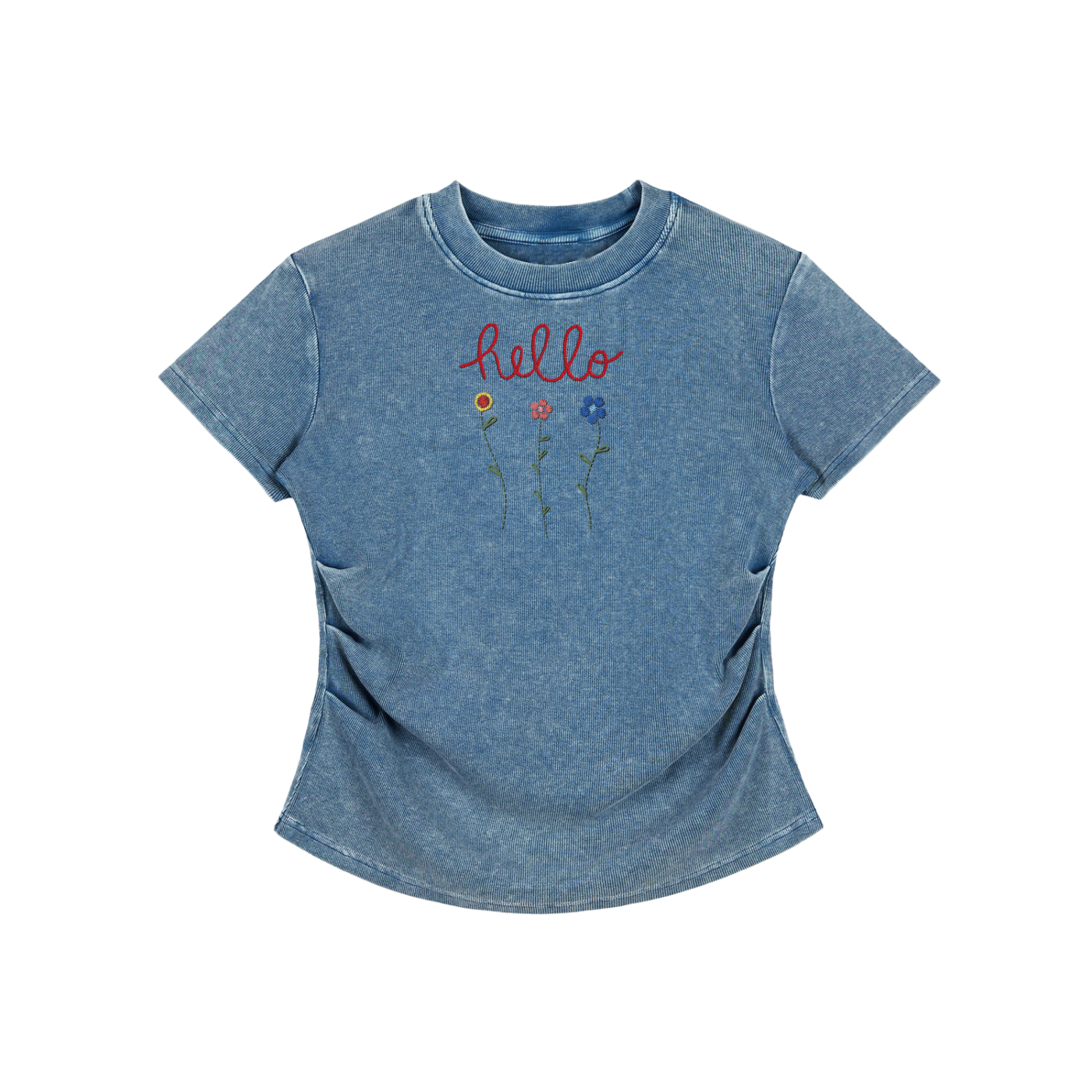 Hello Flowers Faux Embroidered Vintage Washed Femme Fit Cotton T-Shirt