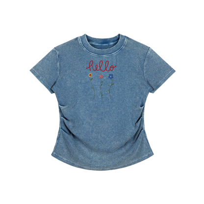 Hello Flowers Faux Embroidered Vintage Washed Femme Fit Cotton T-Shirt