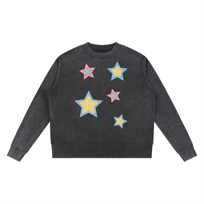 Stars Faux-Patchwork Mineral Wash Oversized Sweater