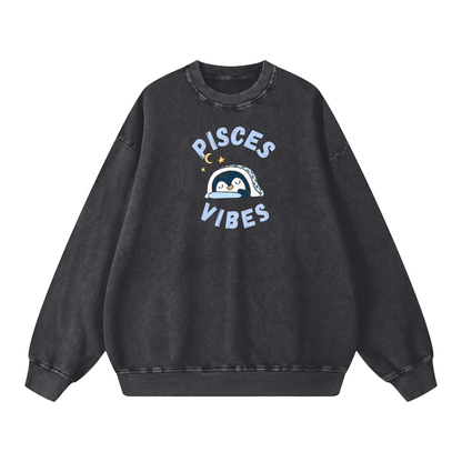 Zodiac Pisces Penguin Unisex Acid Wash Oversize Sweatshirt