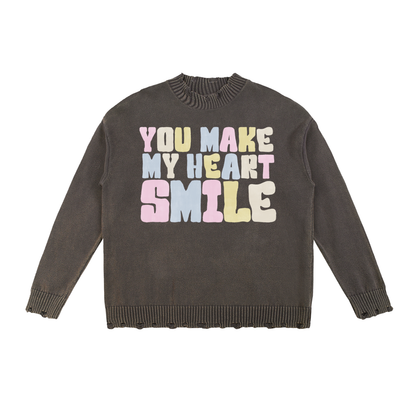 Heart Smile Vintage Washed Hand-Frayed Sweater