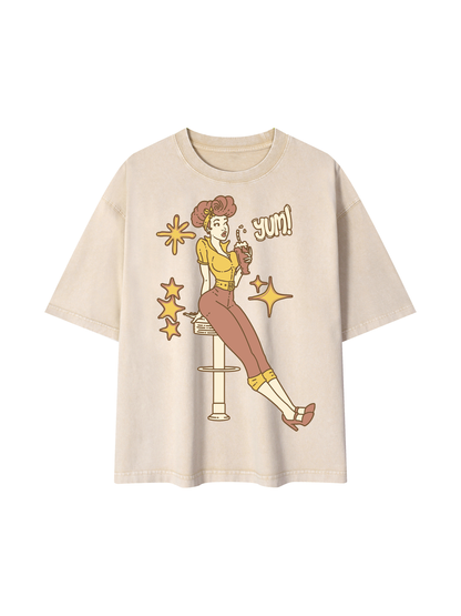Diner Girl Mineral Wash Boxy Cotton T-Shirt