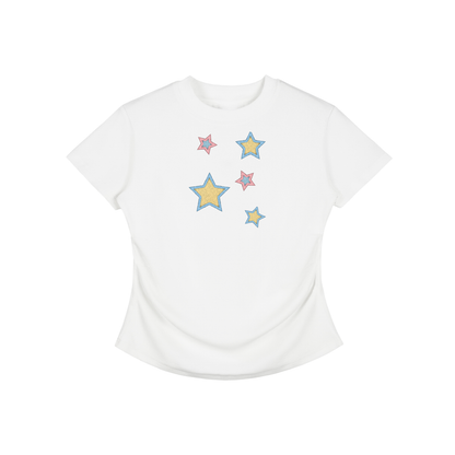 Stars  Faux Embroidered Vintage Washed Femme Fit Cotton T-Shirt