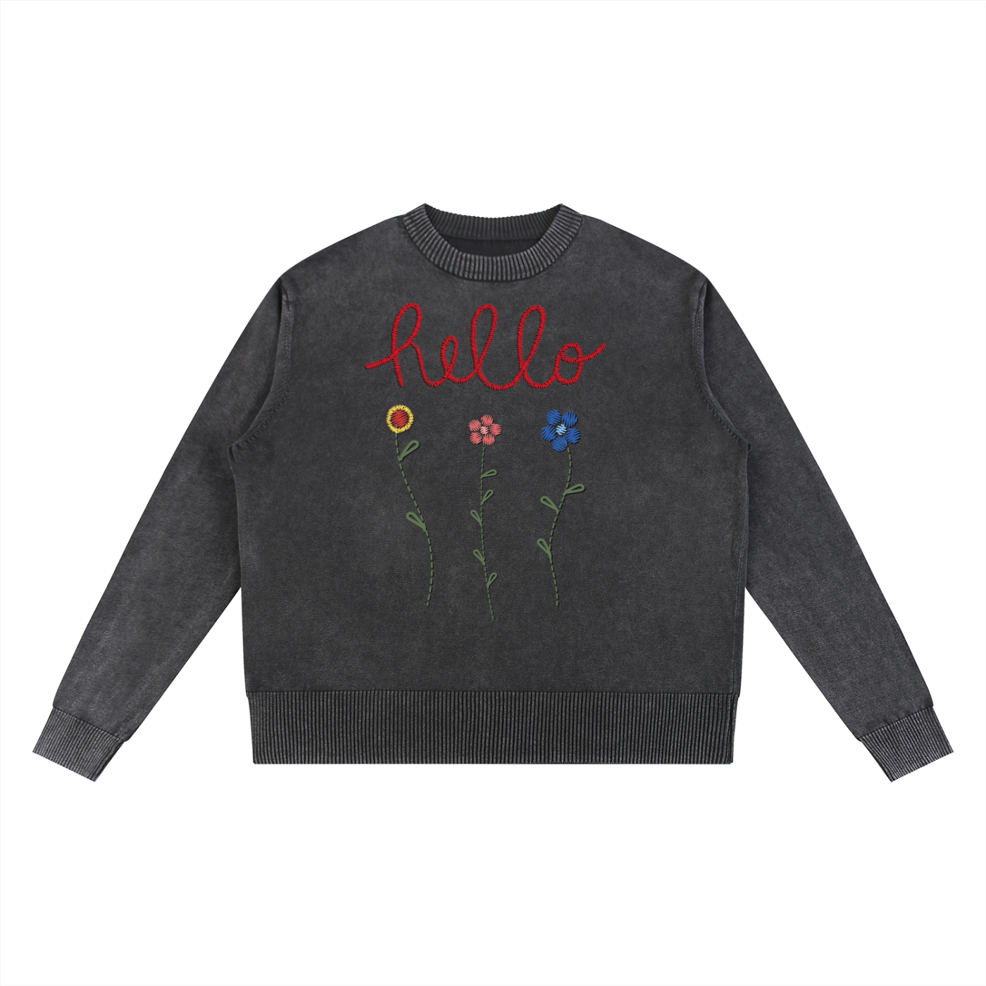 Hello Flowers Faux-Embroidered Mineral Wash Oversized Sweater