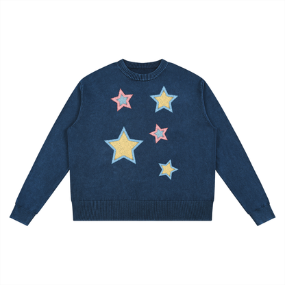 Stars Faux-Patchwork Mineral Wash Oversized Sweater
