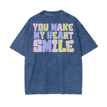 Heart Smile Frt/Bck Print Unisex Oversize Snow Washed T-Shirt