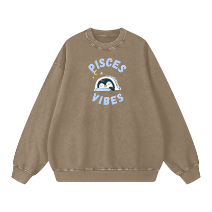 Zodiac Pisces Penguin Unisex Acid Wash Oversize Sweatshirt