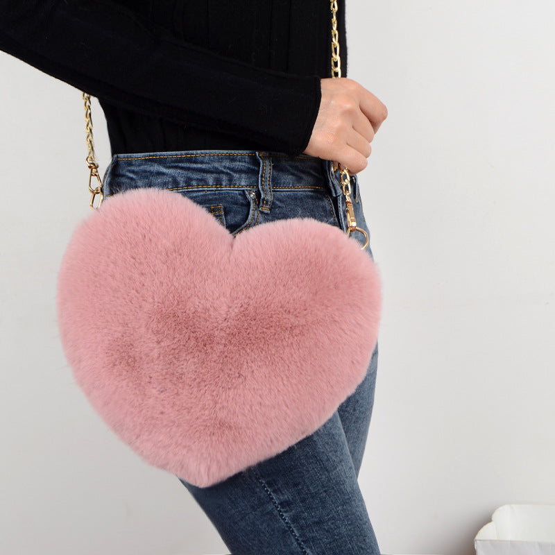 90s Classic Plush Heart Shoulder Bag Zipper Chain Purse