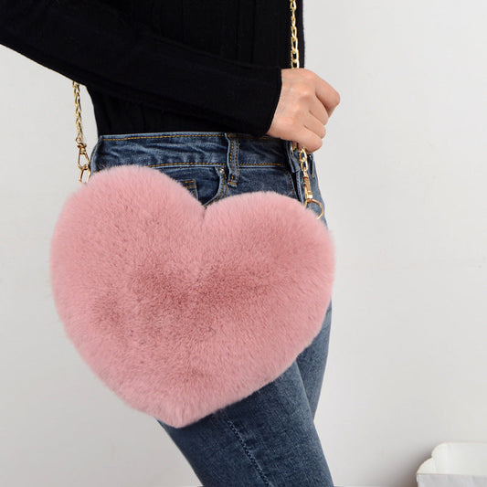 90s Classic Plush Heart Shoulder Bag Zipper Chain Purse