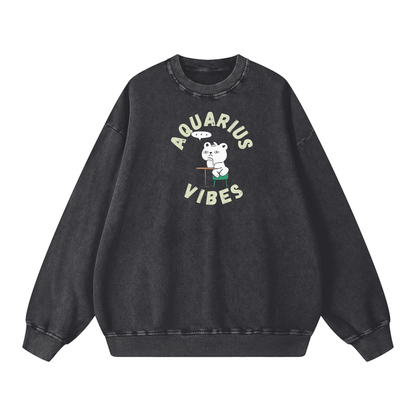 Zodiac Aquarius Bear Unisex Acid Wash Oversize Sweatshirt